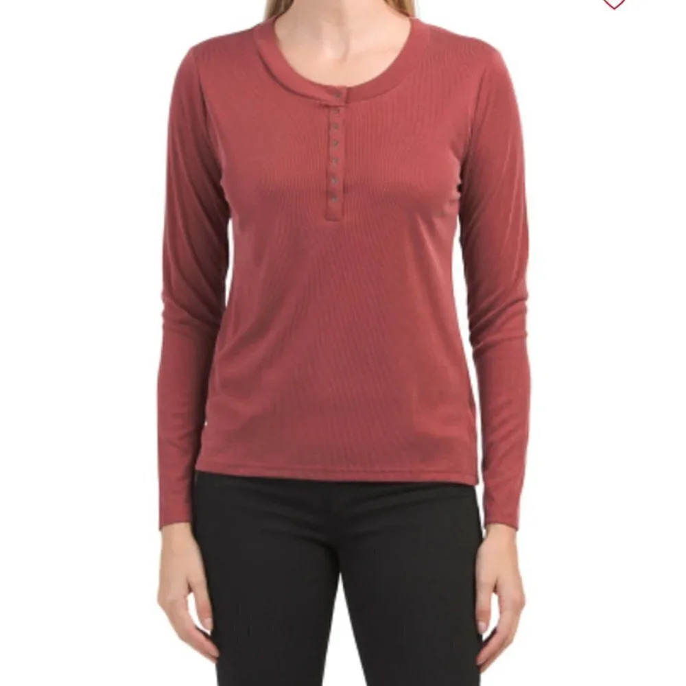Lucky Brand Long Sleeve Ribbed Snap Henley Top in Red Size Small